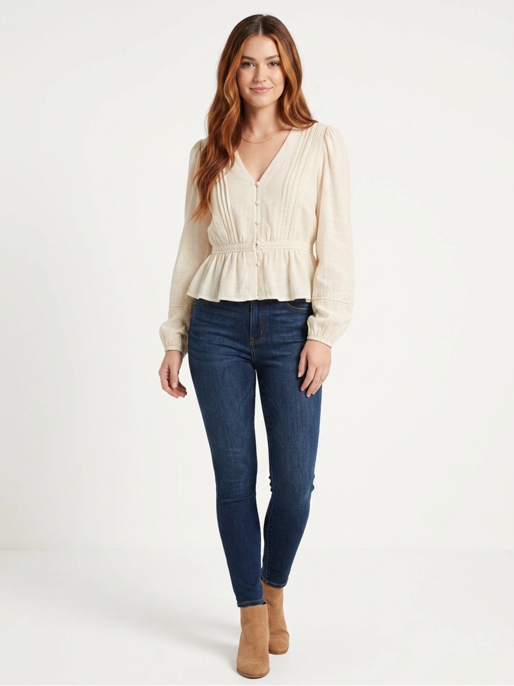 Blu Pepper Cream Lace-Trim Button Front Peplum Blouse Sz L Embroidered Detail